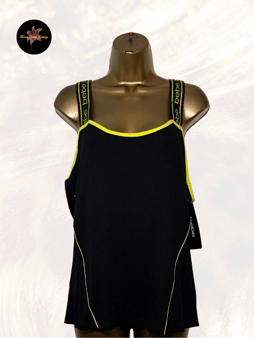 NWT bebe Black Tank Top with Neon Yellow Trim
